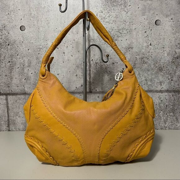 Via Spiga Leather Mustard Perforated Hobo Bag with Crochet details - Picture 3 of 16
